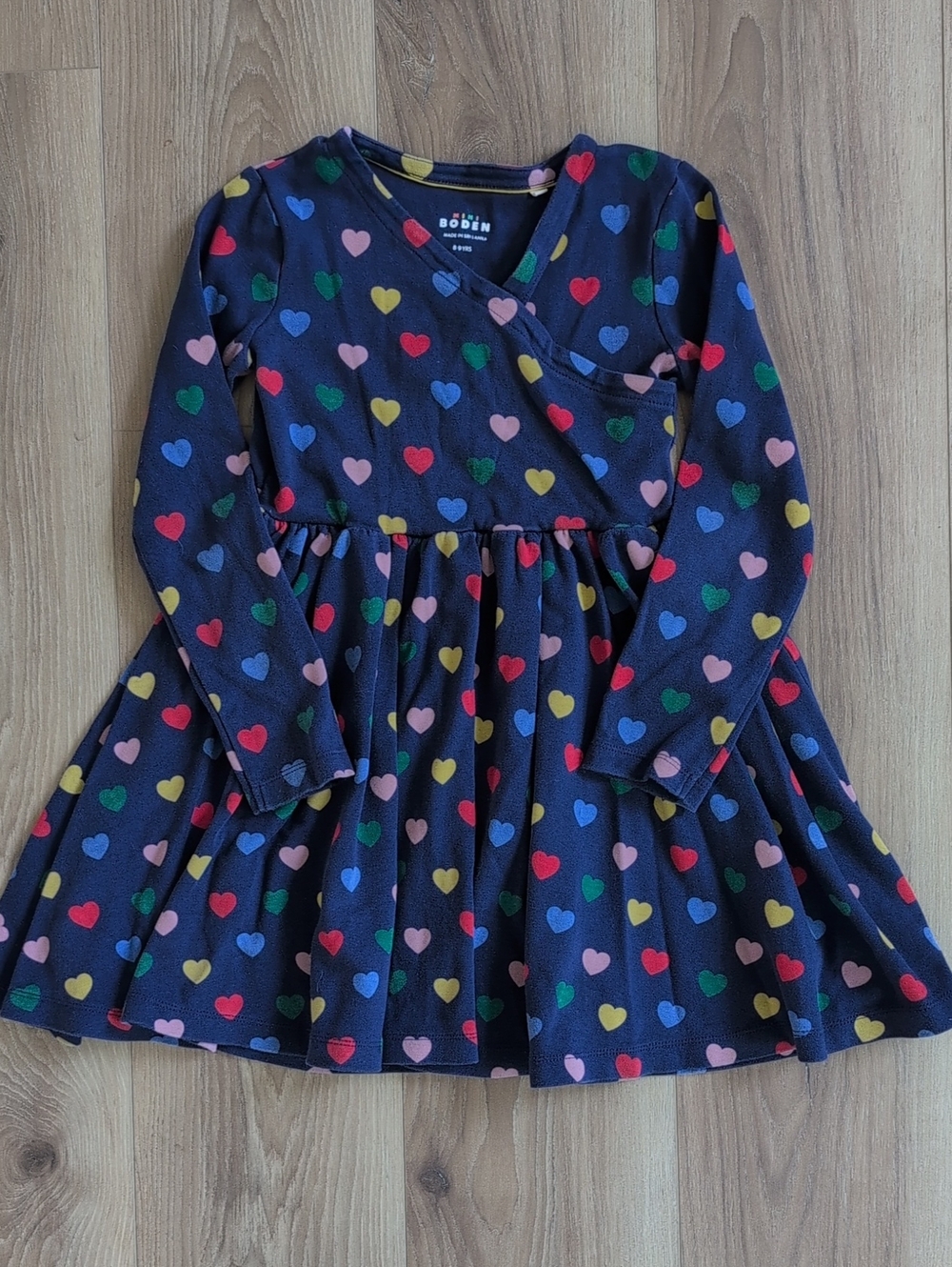 Mini Boden Navy Long Sleeve Heart Print Wrap Dress
